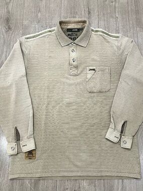 Jeep Long Sleeve Polo Shirt Mens XL Beige Striped Logo Casual Outdoor